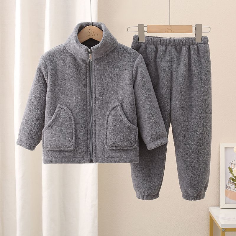 秋冬男女款加大码休闲保暖家居服立领拉链连帽外套法兰绒睡衣套装