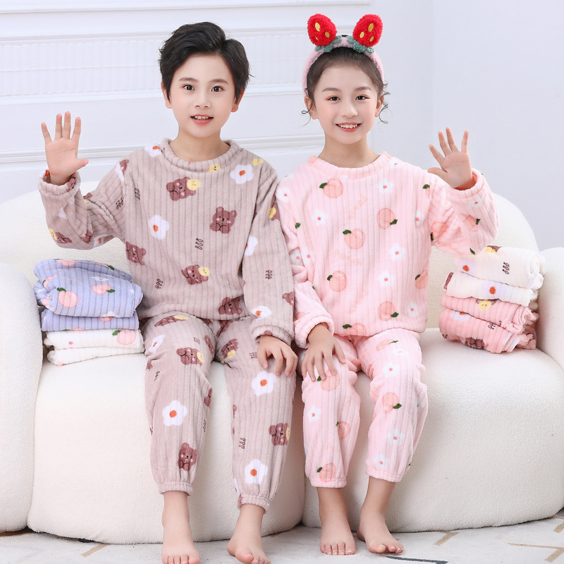 男童女孩睡衣珊瑚绒圆领套头保暖内衣打底衫秋衣秋裤家居服套装冬