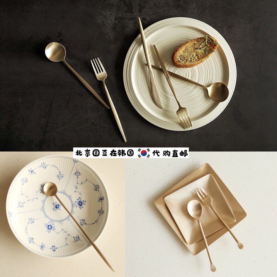 韩国直邮代购高档餐具手工纯黄铜情侣餐具甜品西餐叉勺子抹刀套装