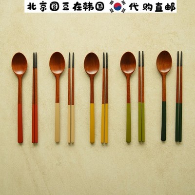 韩国直邮代购高档手工实木彩色漆木长柄汤饭面勺子筷子餐具套装