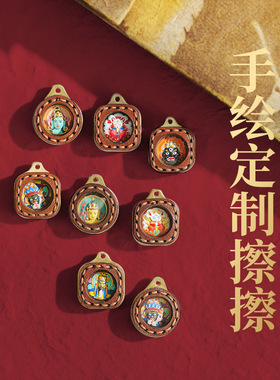 藏式超mini棕色擦擦唐卡吊坠民族风方形皮壳五路财法眼手绘擦擦
