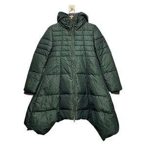 圣迪折扣女装 冬季复古暗绿可拆针织拼接阔摆连帽中长款羽绒服