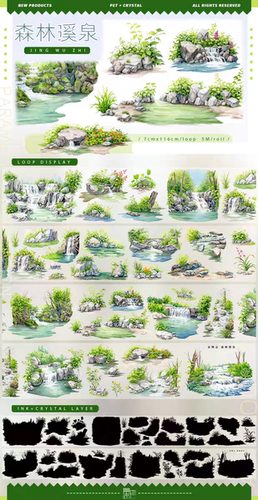 分装森林溪泉pet森林造景手帐胶带拼贴装饰咕卡造景手帐装饰贴画