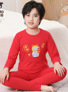 瑁恩瑁爱红色儿童内衣套装男童12岁属马本命年中大童秋衣秋裤男孩