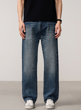 美式复古直筒牛仔裤男宽松阔腿长裤中腰拉链百搭裤子