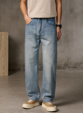 复古水洗牛仔裤男春季宽松直筒阔腿裤百搭高级感长裤
