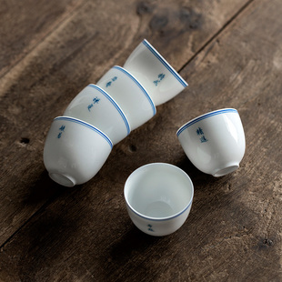 青花玄纹高级主人杯禅意六度杯品茗杯 君器手写字双线功夫茶杯套装