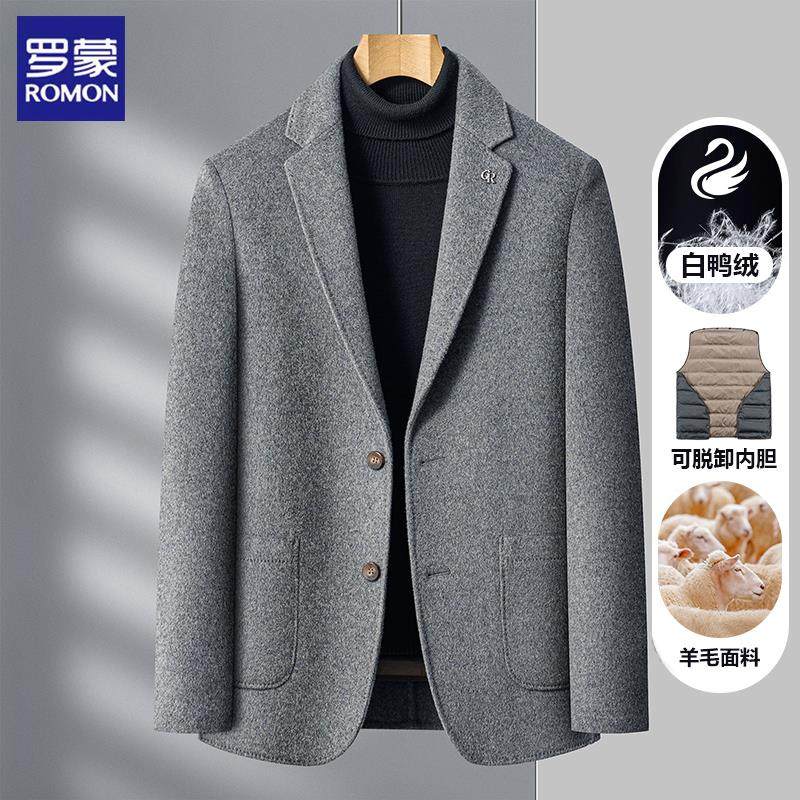 罗蒙羊毛呢大衣男中年冬季新款高端加厚可拆卸羽绒内胆西装领外套