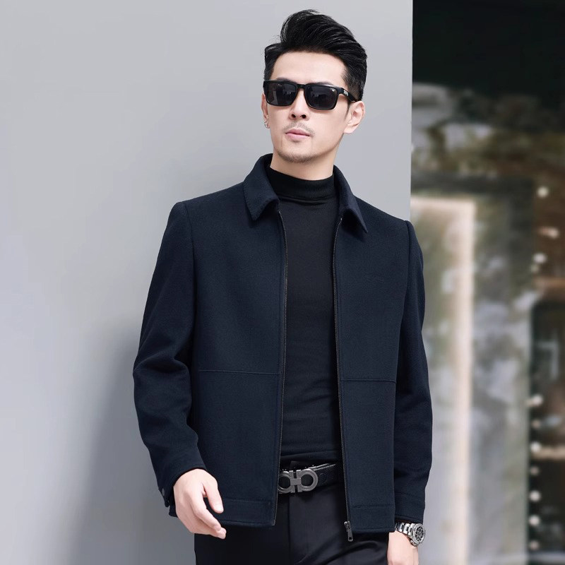 罗蒙高端桑蚕丝翻领羊毛夹克男秋冬中年商务行政毛呢大衣短款外套