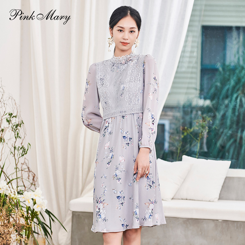 粉红玛琍春秋新款连衣裙女桑蚕丝后拉链复古拼接中裙PMALS5503