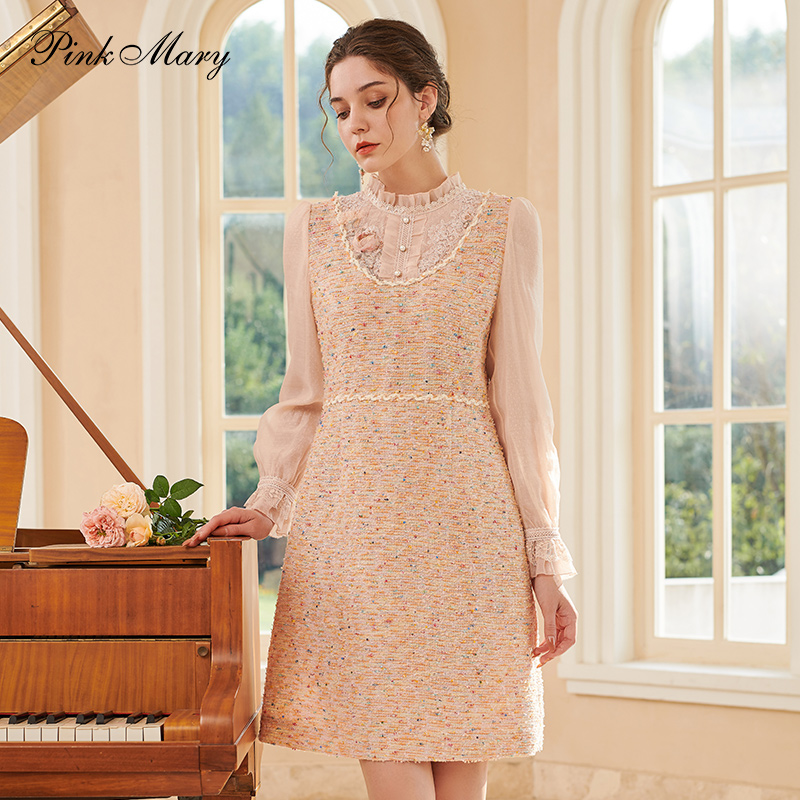 粉红玛琍连衣裙小香风修身中裙