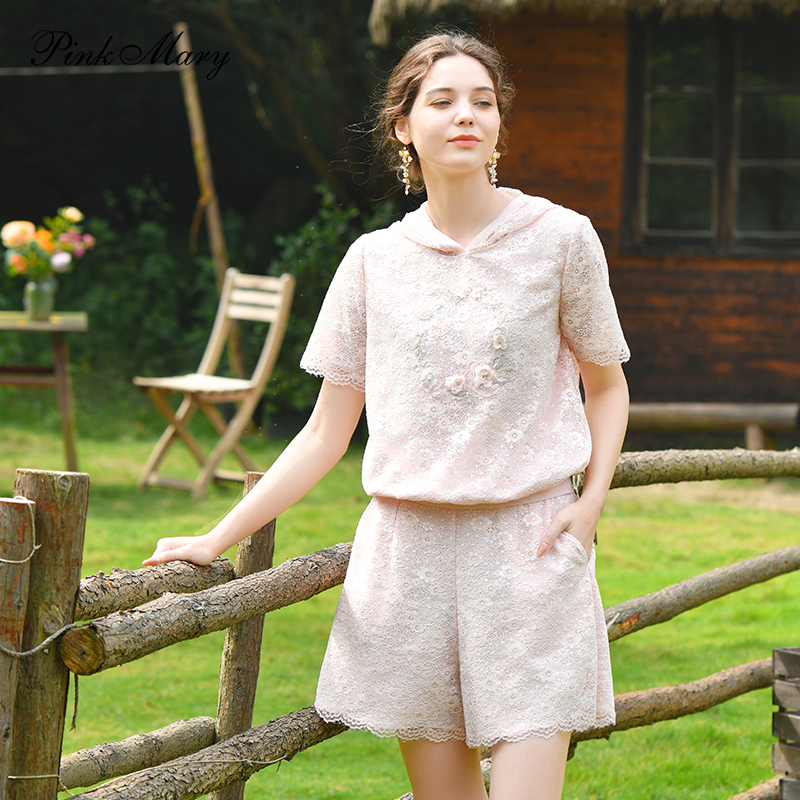 粉红玛琍休闲运动套装女时尚舒适连帽上衣短裤通勤套装PMANS9803