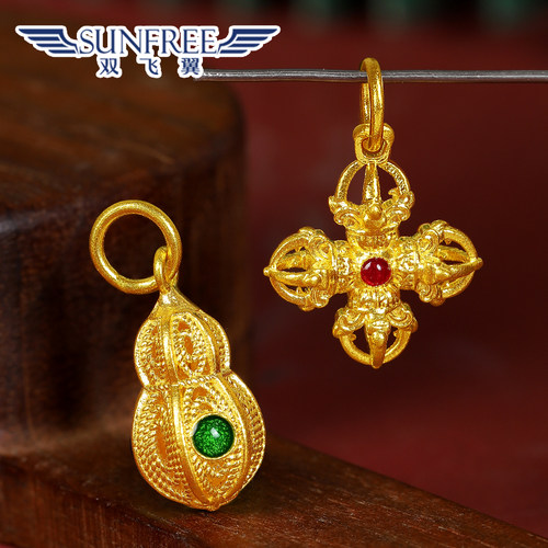 古法足金小吊坠十字杵葫芦