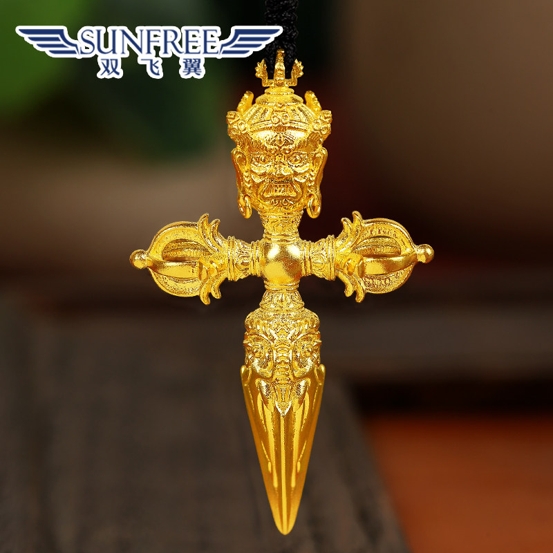 足金999古法实心普巴十字降魔杵金刚杵男女款黄金项链吊坠藏式