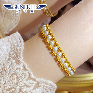 黄金亮面精致时尚金珠白珍珠手链女士款时尚百搭足金999手镯按克