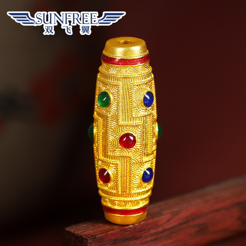 足金999古法加厚彩色烤漆长桶珠黄金十二眼天珠男女项链锁骨吊坠