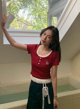 红色蕾丝假两件短袖t恤女韩版风2025夏季新款百搭内搭叠穿上衣女