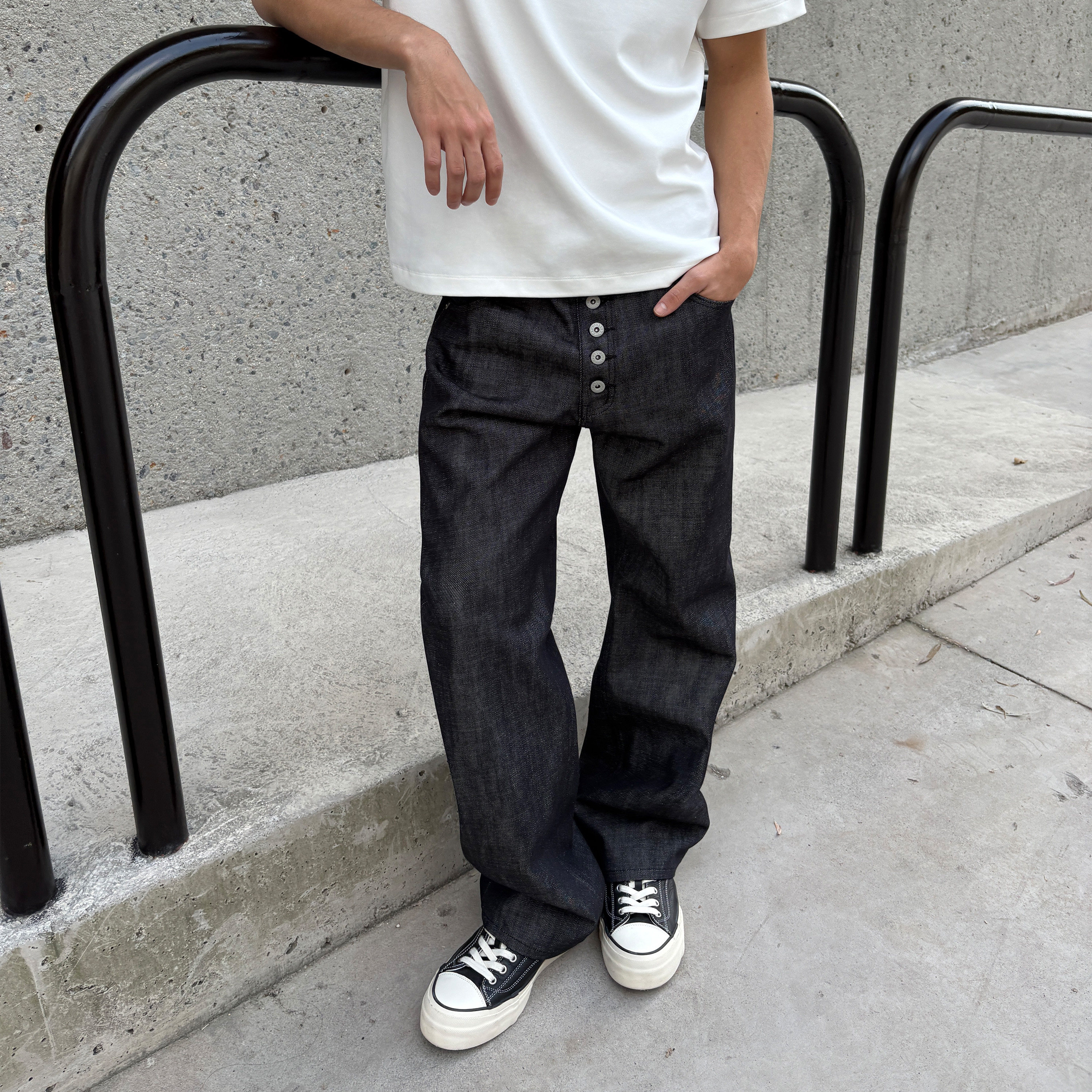 haonanhuang 五连麦穗扣HISHITOMO菱友风直筒湖水绿原牛牛仔裤