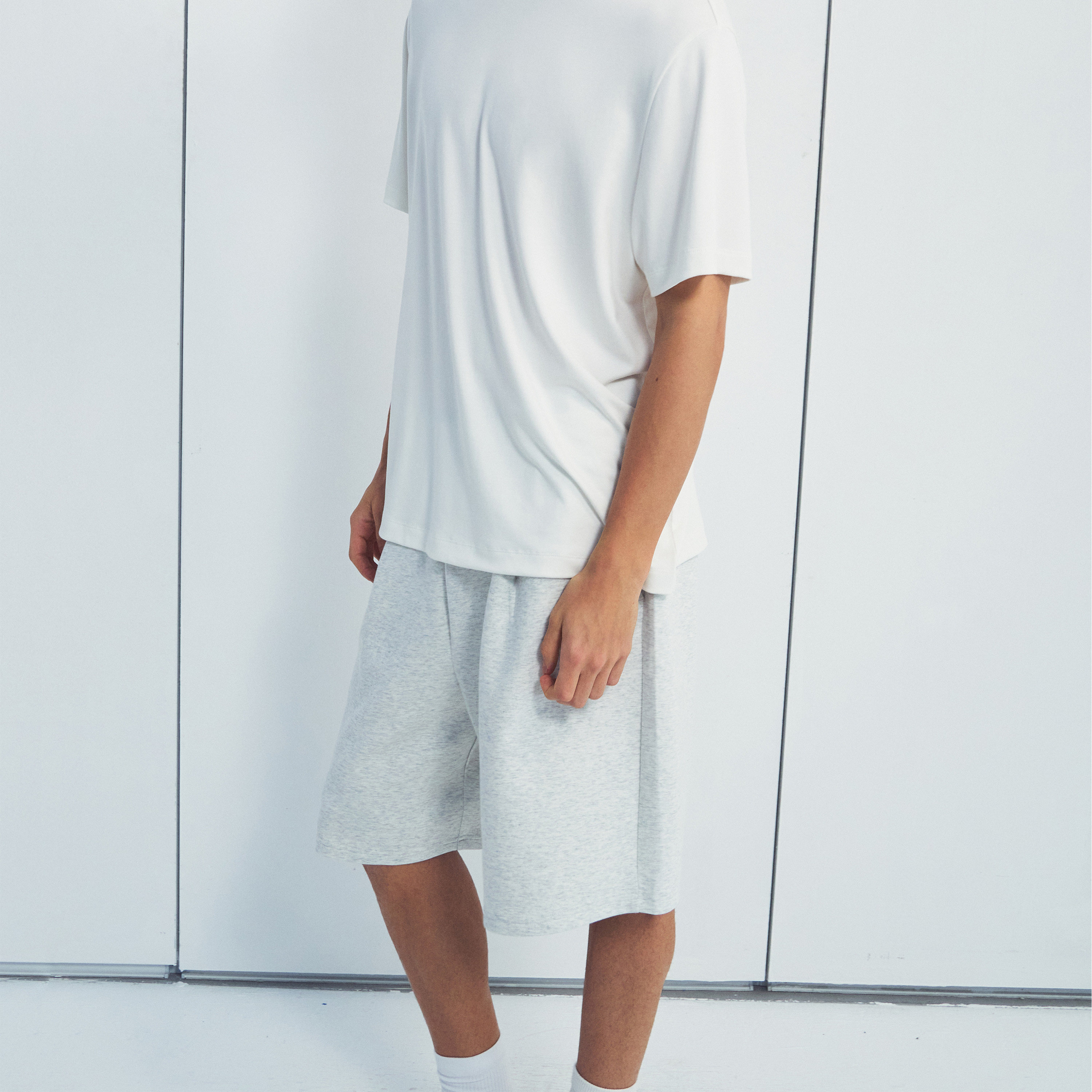 haonanhuang 兰精环保太空棉混纺抽褶松紧腰宽松五分基础休闲短裤