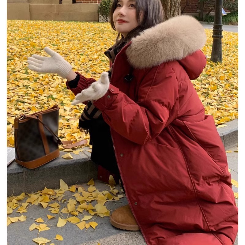 棉服女棉衣外套红色羽绒服过膝中长款冬季棉袄加厚连帽宽松派克服