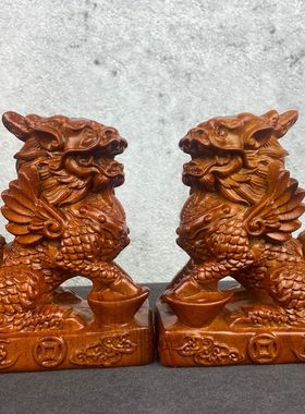 实木雕刻黑檀麒麟开摆件一对招财过乔迁礼品镇守家宅光花梨木风水