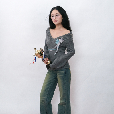 LOCALMANSION原创设计 铆钉V领慵懒毛衣收腰显瘦针织衫