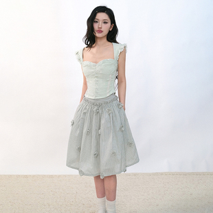 LOCALMANSION原创设计 竖条纹中裙半身裙+法式修身无袖衫两件套