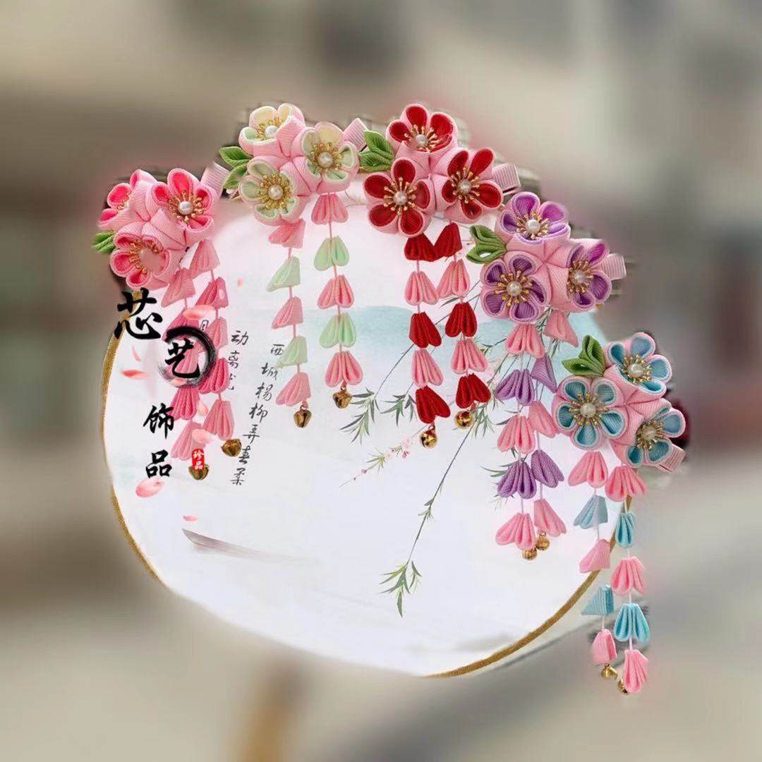 锦饰坊日系步摇和风花发饰边夹和服浴衣配饰cos流苏 铃铛汉服发夹