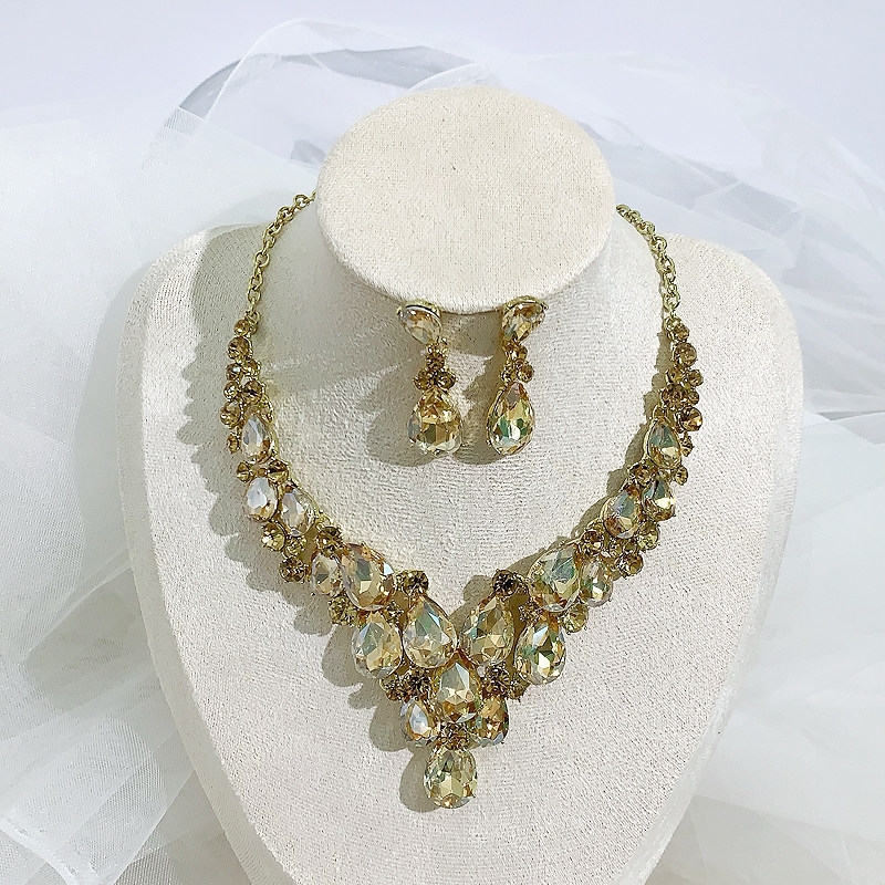 YOUFIR欧欧美夸张水钻玻璃项链耳环婚纱饰品结婚套链礼服项链套链