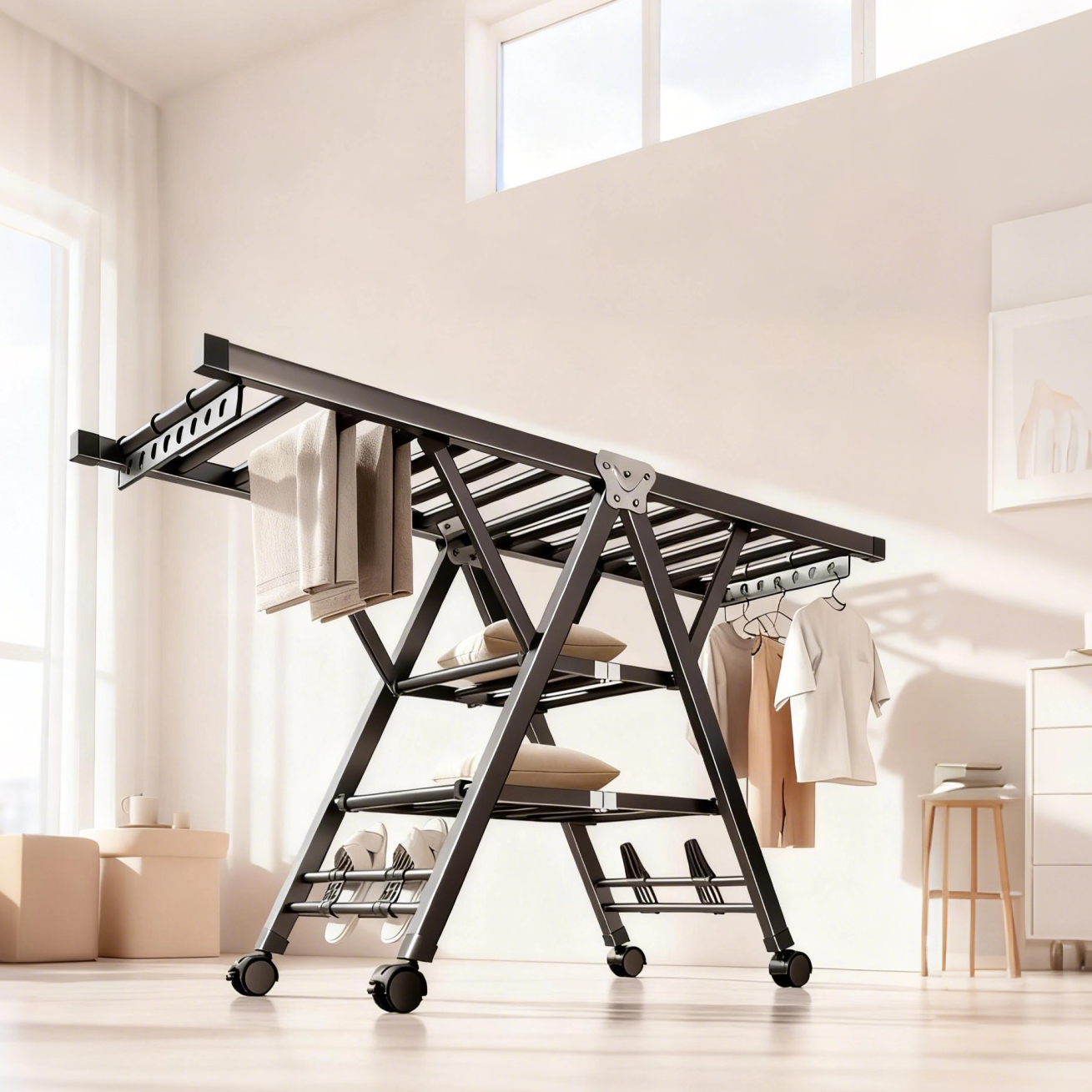 折叠落地室内家用阳台晾衣杆铝合金升降挂衣架晒衣架晒被子神器