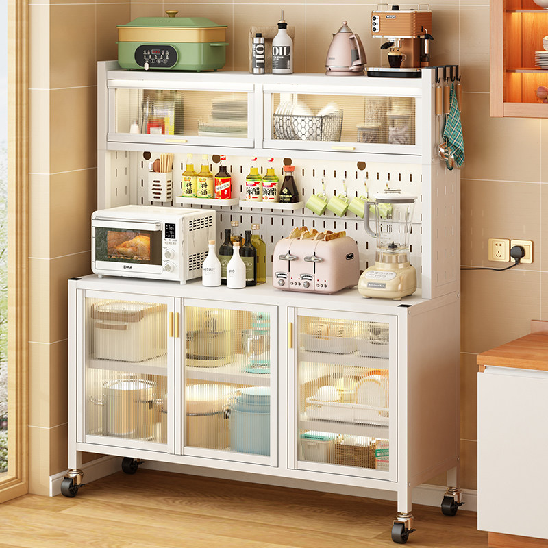 厨房洞洞板置物架子多功能大容量带门餐边柜微波炉烤箱收纳储物架