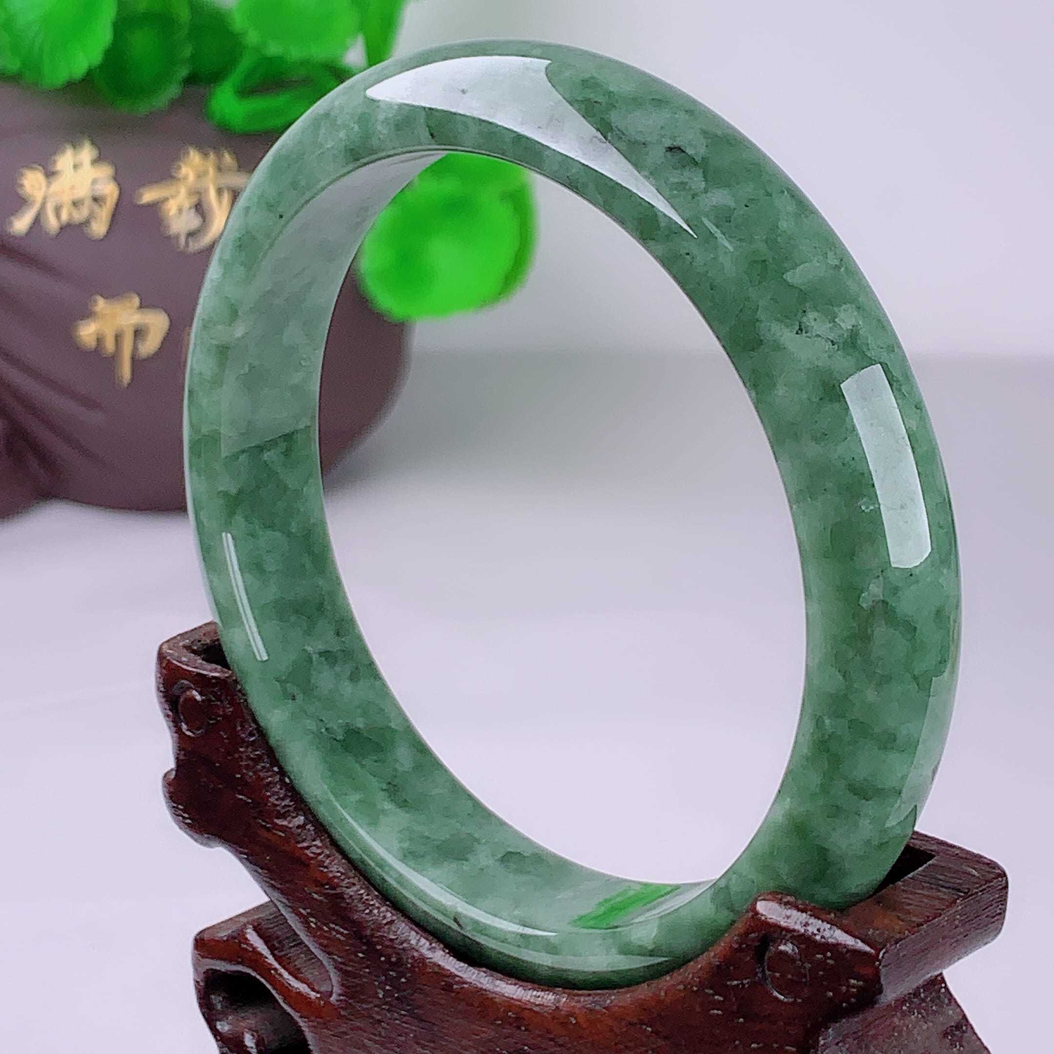 天然冰种翡翠飘花手镯冰润满绿正圈玉镯少女款专柜玉镯子翡翠手镯