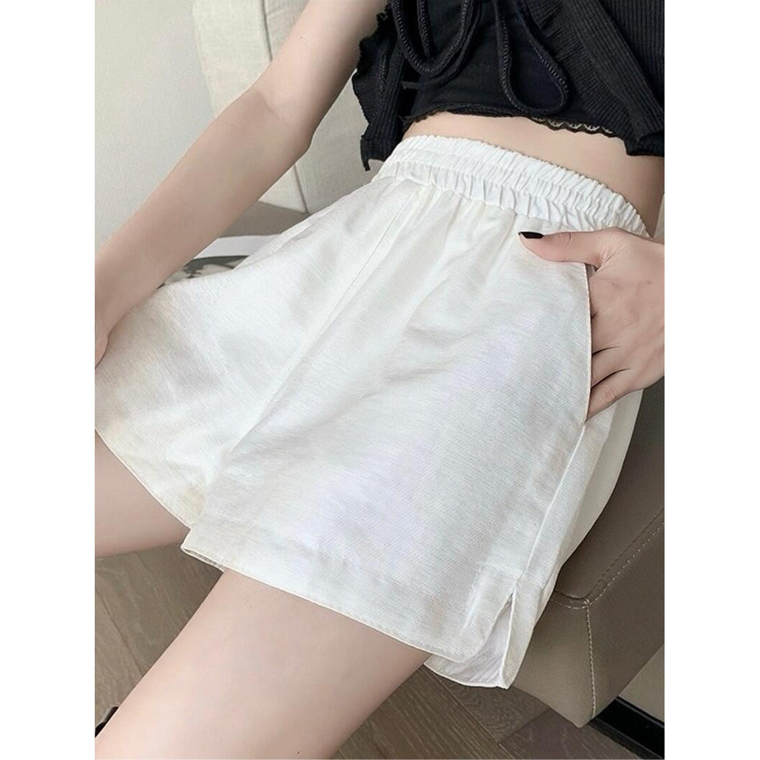 夏季A字高腰棉麻开叉超短裤