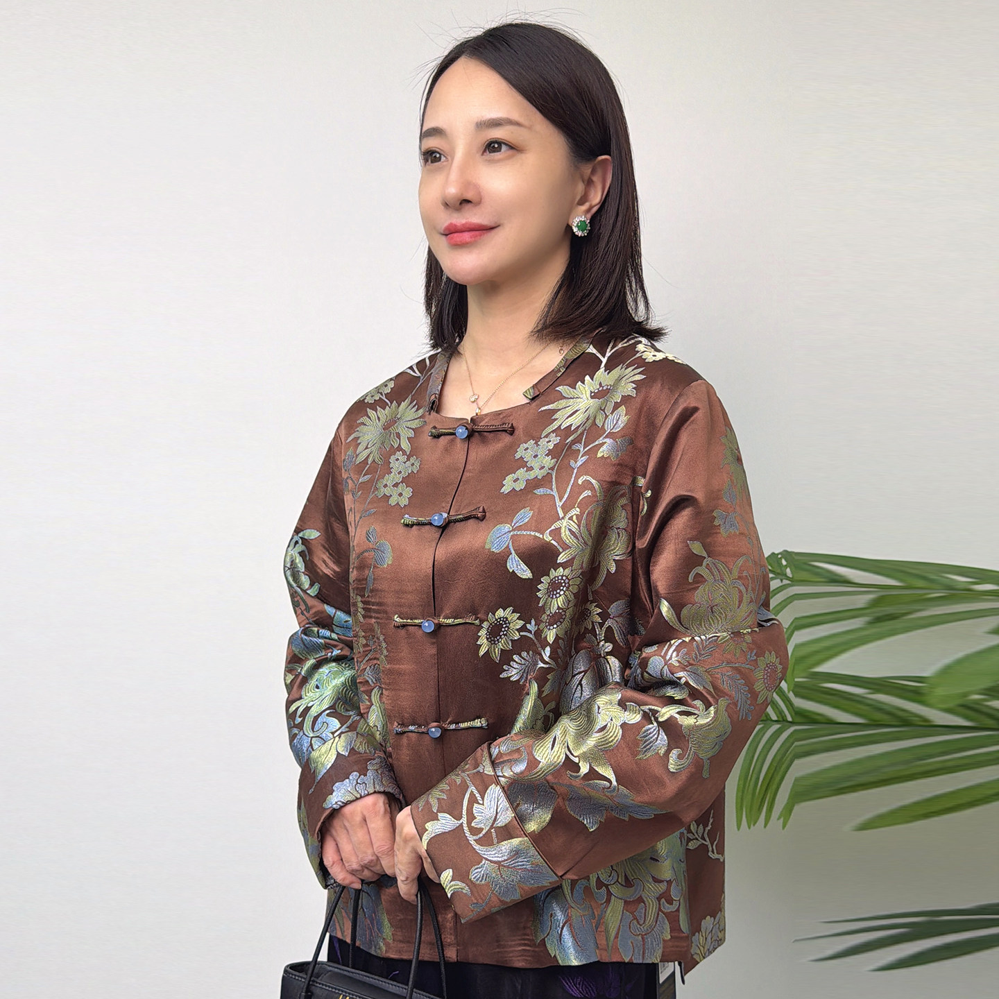 新中式复古花卉提花缎面外套女手工盘扣开衫国风上衣