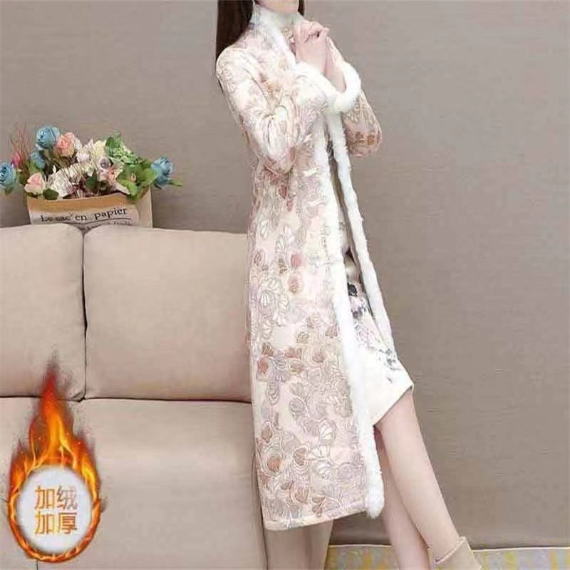 加绒加厚长款旗袍唐装保暖外套女