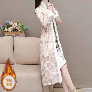 加绒加厚长款旗袍唐装保暖外套女冬季新款改良年轻气质复古单外套