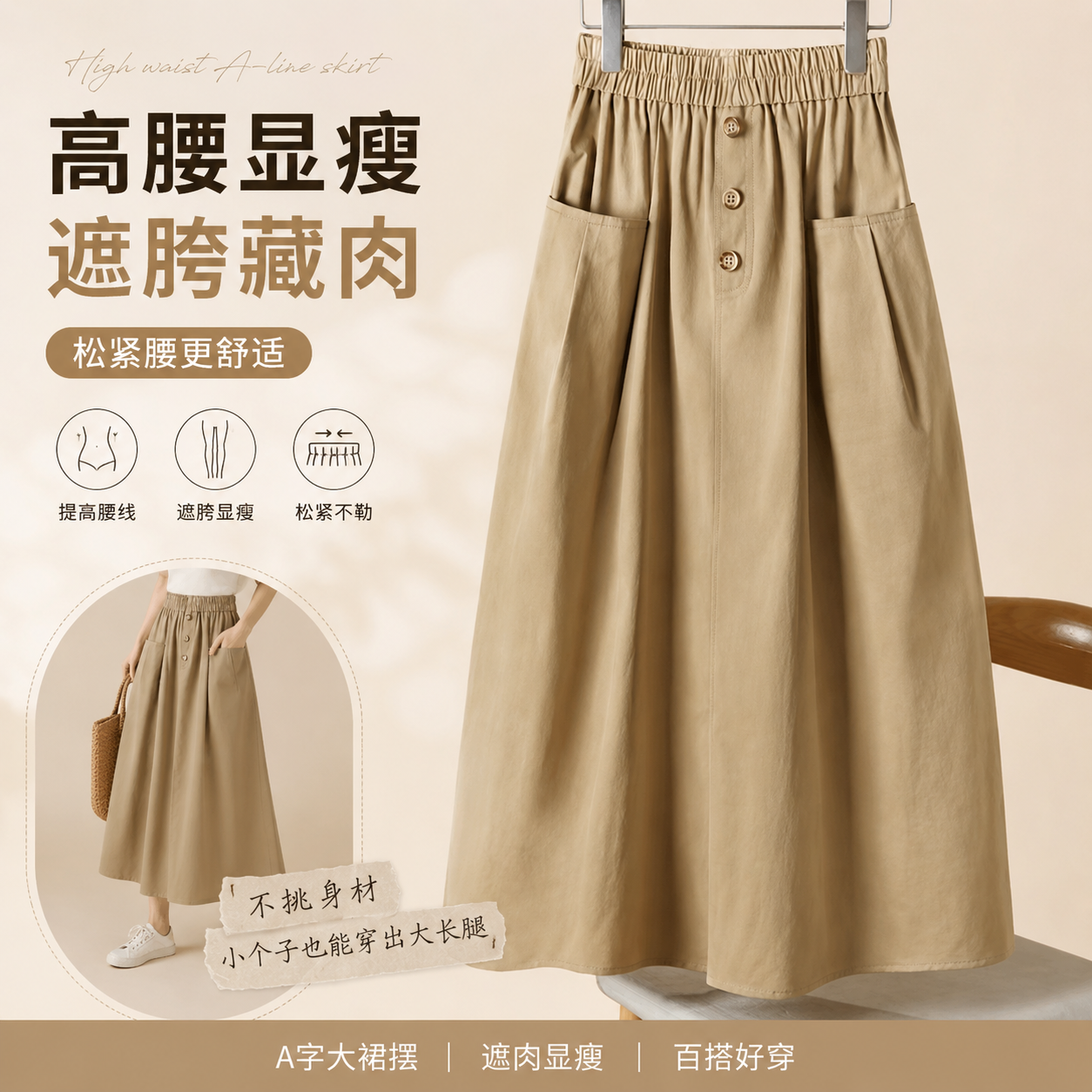高腰A字半身裙女2026夏季工装风显瘦遮肉松紧腰中长裙小个子
