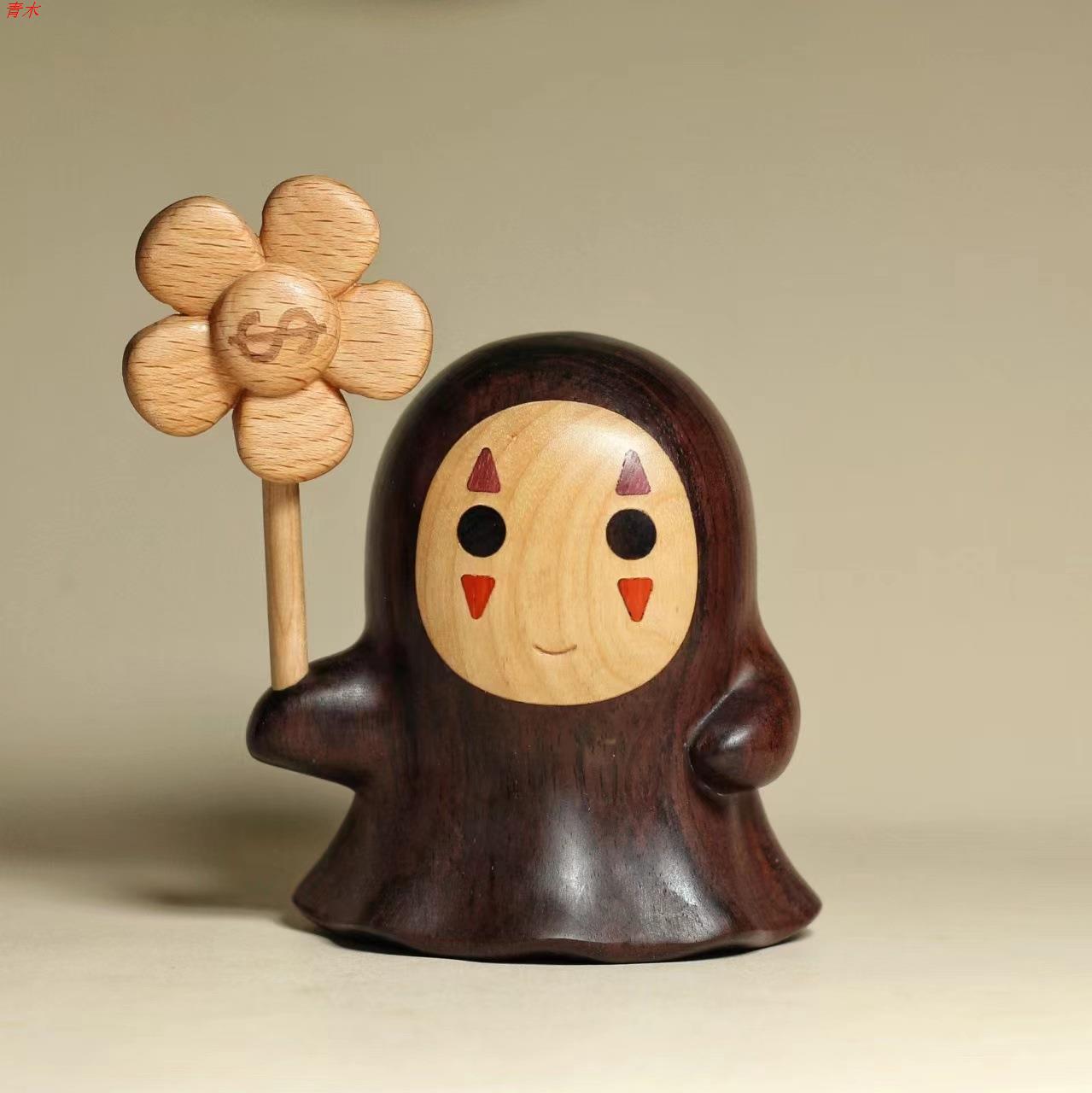 檀木宫崎骏无脸男摆件可爱实木桌面装饰有钱花送朋友礼物工艺品