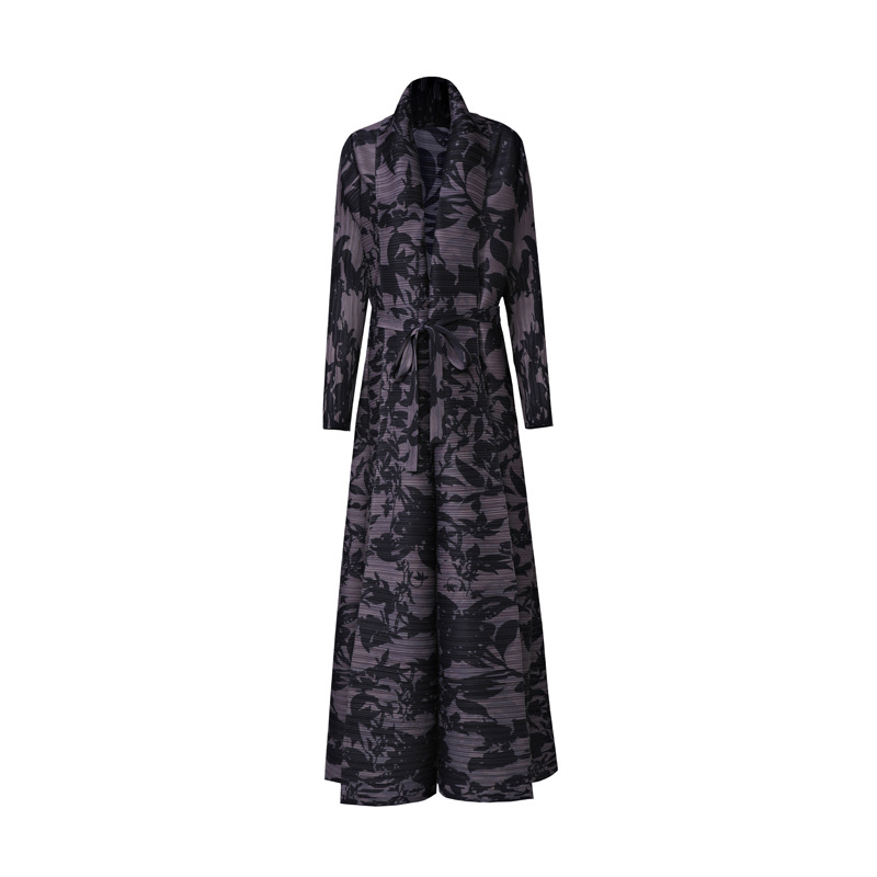 外贸中东长袍穆斯林女装复古印花翻领印花长袖长袍三宅系带长外套