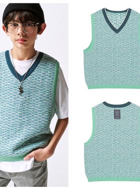 bluetail韩国代购2025春秋儿童绿色格子针织背心马甲童装140-175