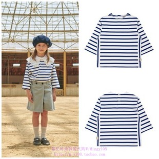 120 T恤童装 been韩国代购 2023秋春儿童蓝色条纹圆领套头八分袖