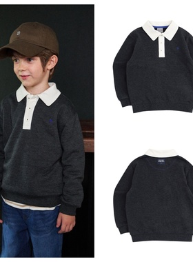 been韩国直邮代购2024秋春男童炭灰翻领长袖休闲T恤童装100-120