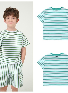 been韩国直邮代购2025夏儿童绿色条纹圆领套头短袖T恤童装110-165