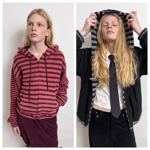 韩国diagonal直邮代购2025春秋女装时尚拉绒条纹连帽双面穿外套