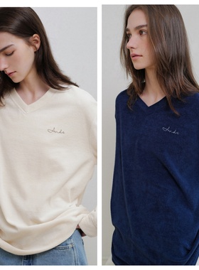 韩国andneeds直邮代购2025春秋女装V领时尚宽松套头休闲长袖卫衣