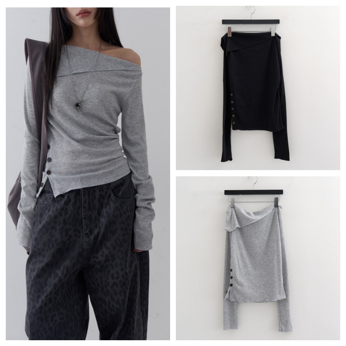 韩国lowear直邮代购2025春秋女装休闲百搭侧扣露肩长袖T恤上衣