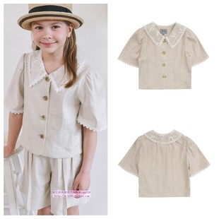 110 been韩国代购 童装 衬衫 155 2024夏儿童米色亚麻蕾丝翻领短袖