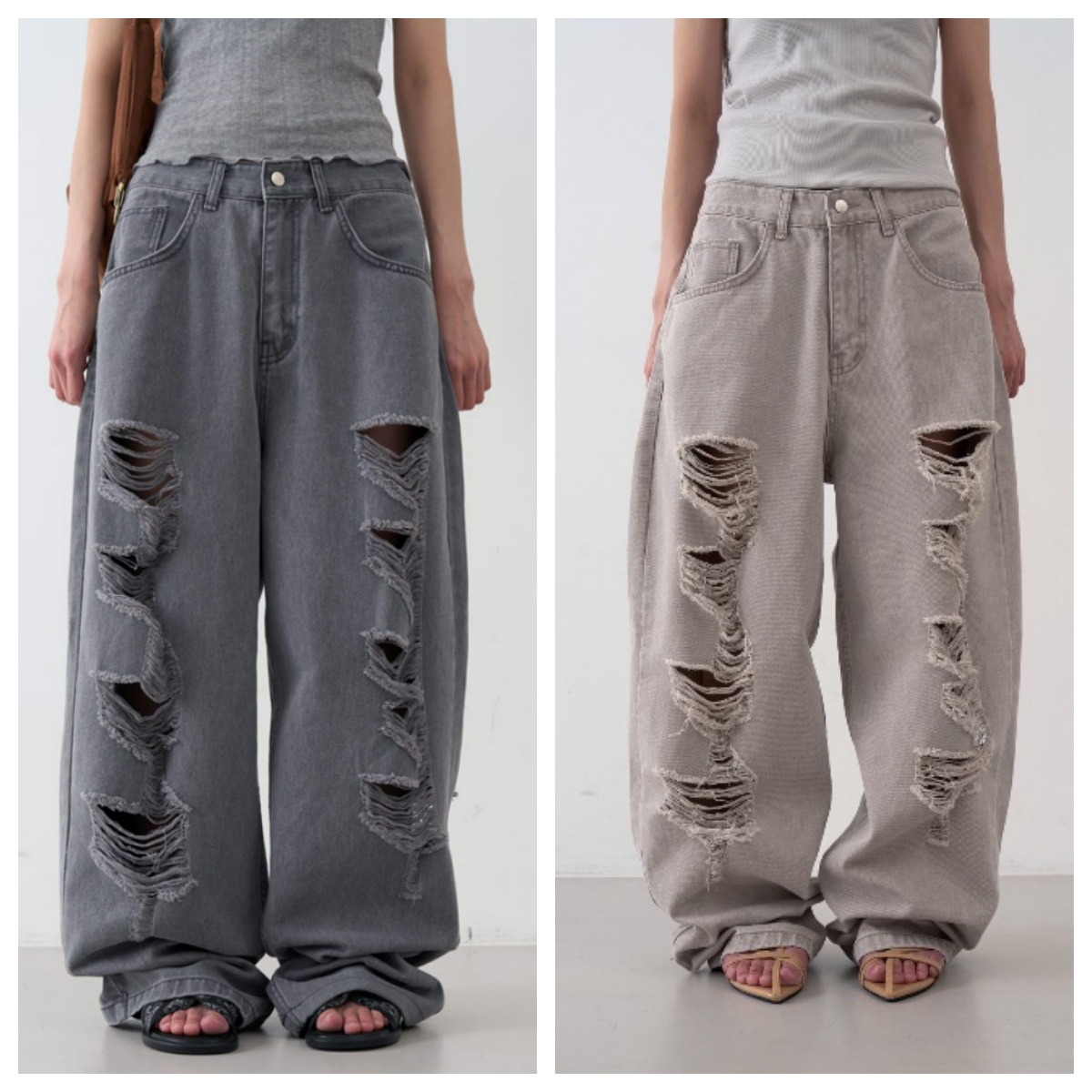 韩国lowear直邮代购2025春秋宽松休闲时尚百搭破洞拖地牛仔长裤