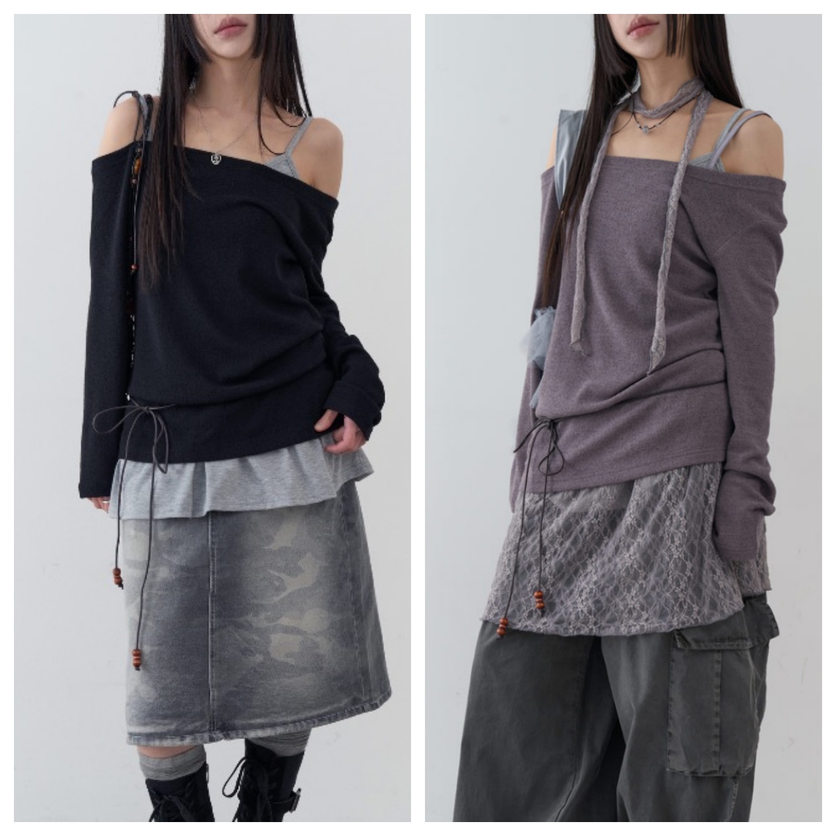 韩国lowear直邮代购2025春秋女装休闲宽松百搭露肩长袖T恤上衣