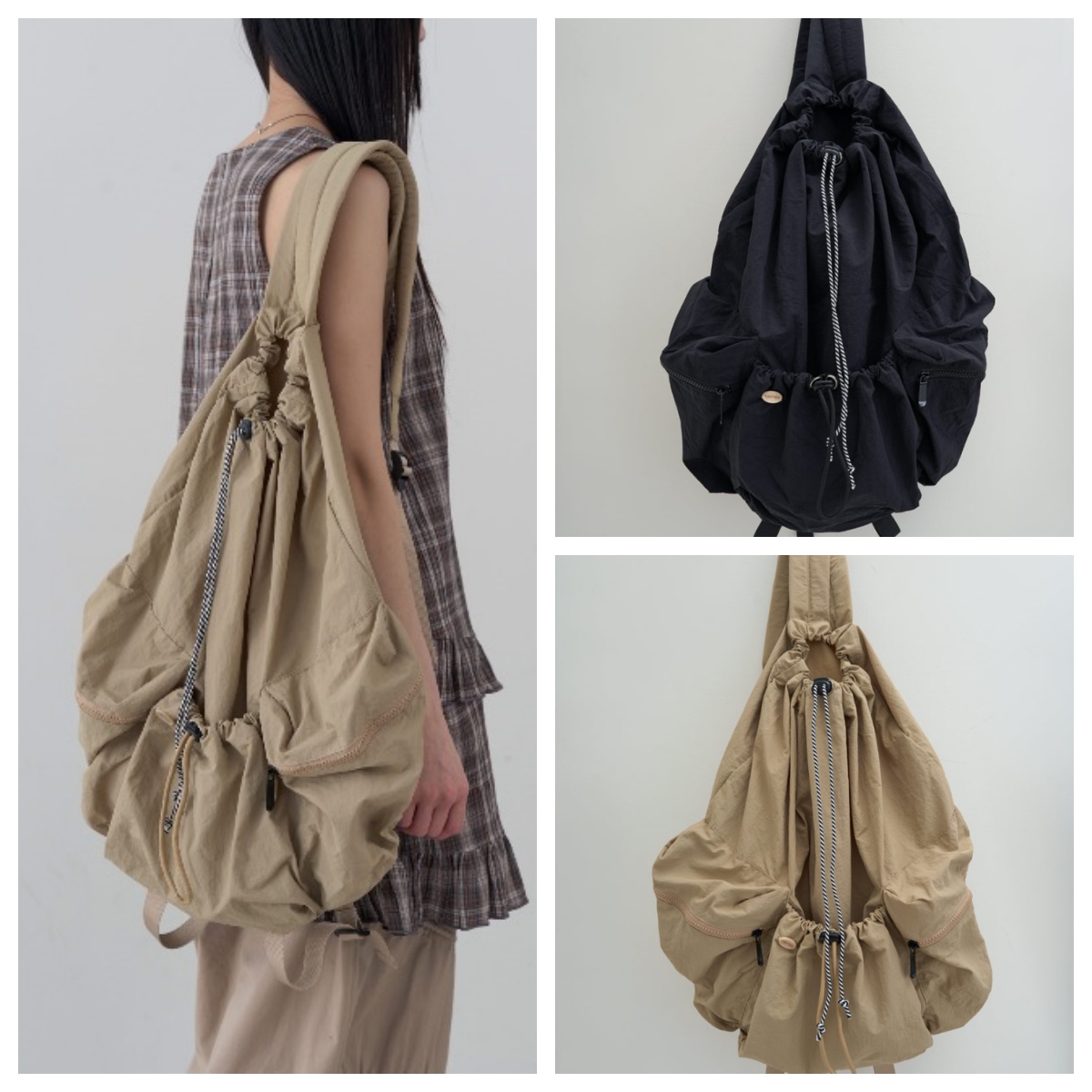 韩国lowear直邮代购2025时尚休闲大容量纯色抽绳百搭柔软双肩背包